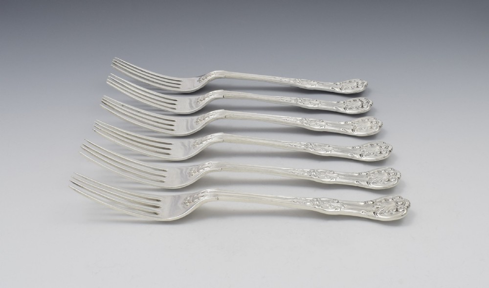 Fine Set 6 Silver Victorian Queen's Honeysuckle Pattern Dinner Forks View IV