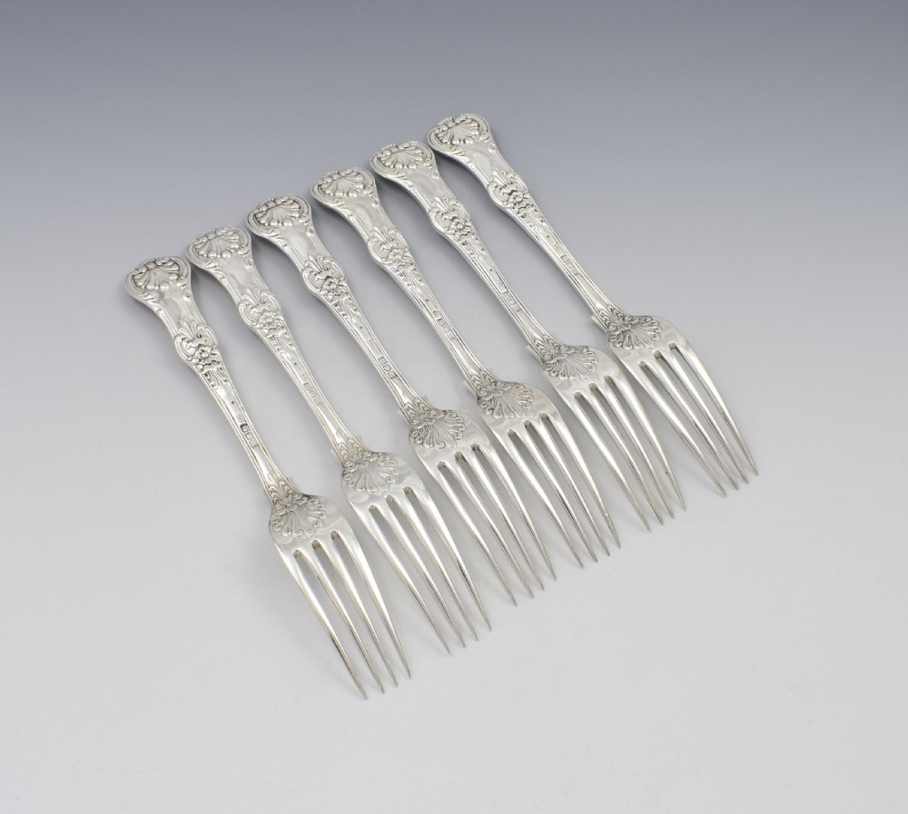 Fine Set 6 Silver Victorian Queen's Honeysuckle Pattern Dinner Forks View VI