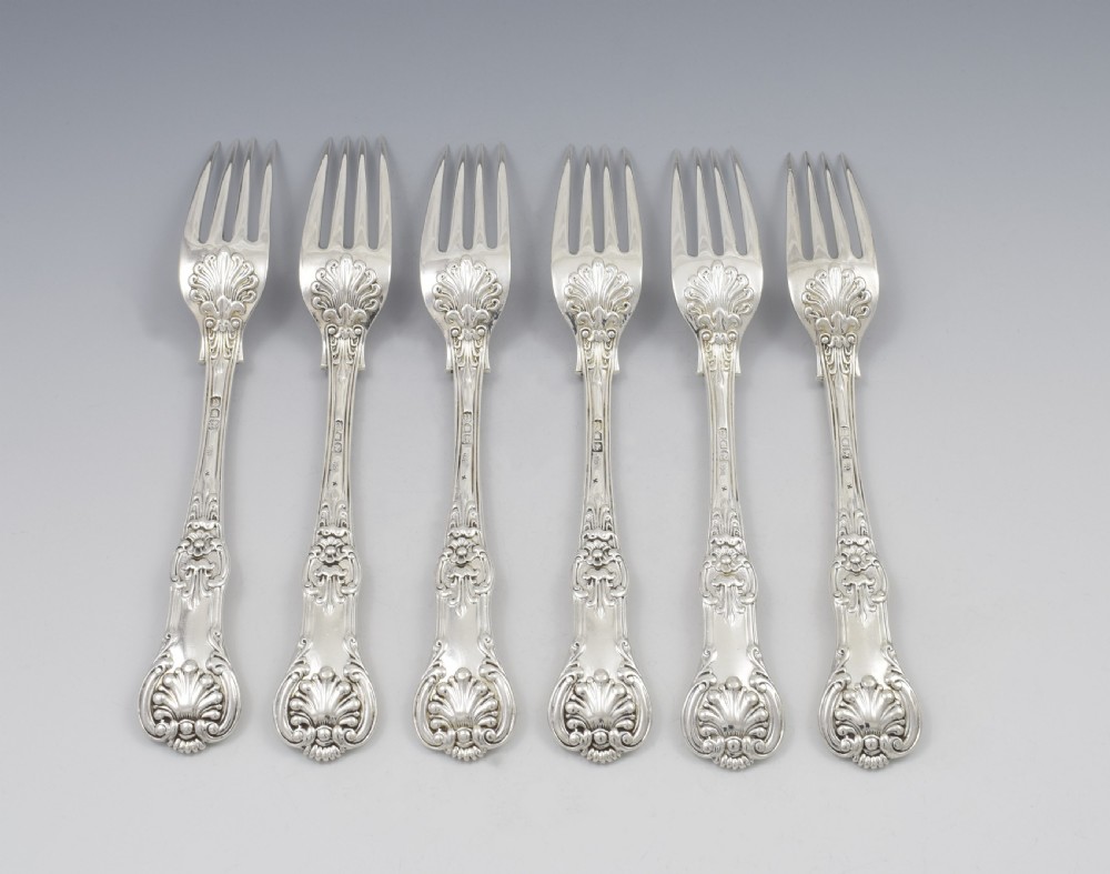 Fine Set 6 Silver Victorian Queen's Honeysuckle Pattern Dinner Forks View VII