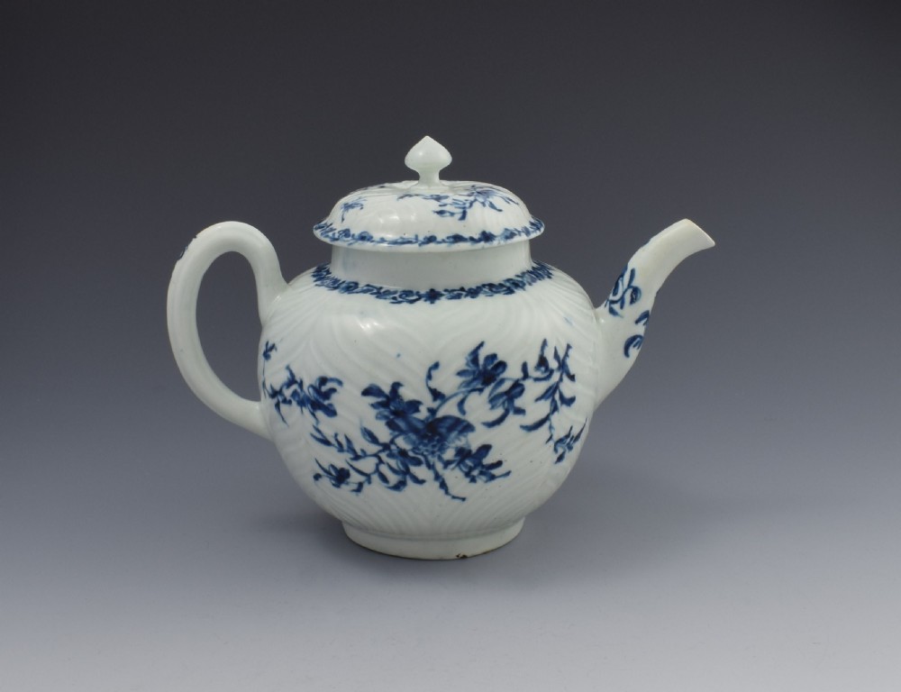 First Period Worcester Porcelain Feather Moulded Teapot View V
