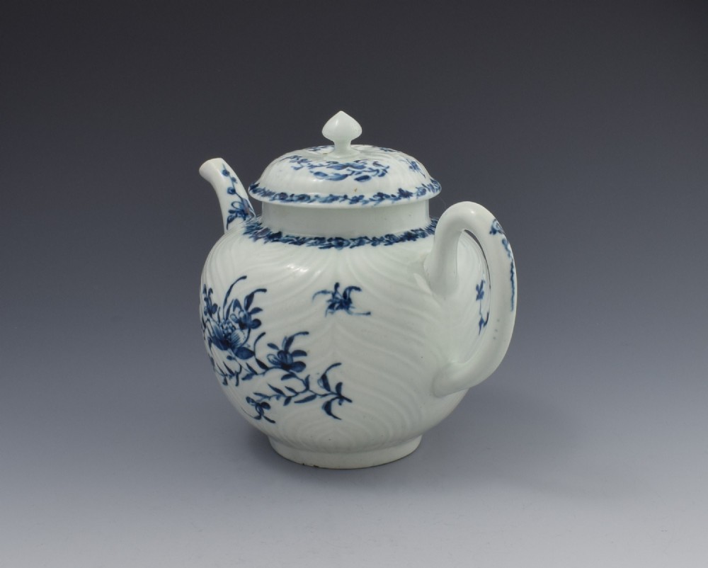 First Period Worcester Porcelain Feather Moulded Teapot View VIII