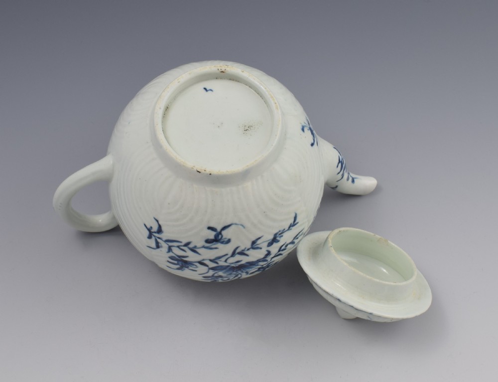 First Period Worcester Porcelain Feather Moulded Teapot View X