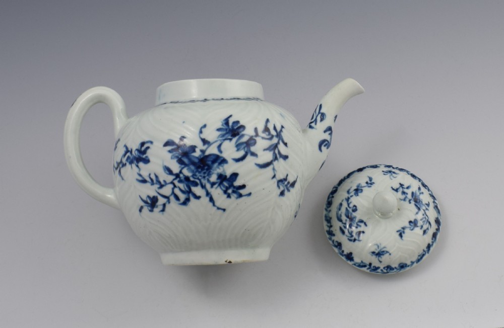 First Period Worcester Porcelain Feather Moulded Teapot View XIV