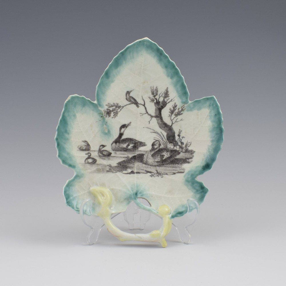 First Period Worcester Porcelain Leaf Dish Hancock Printed River Scene c.1758