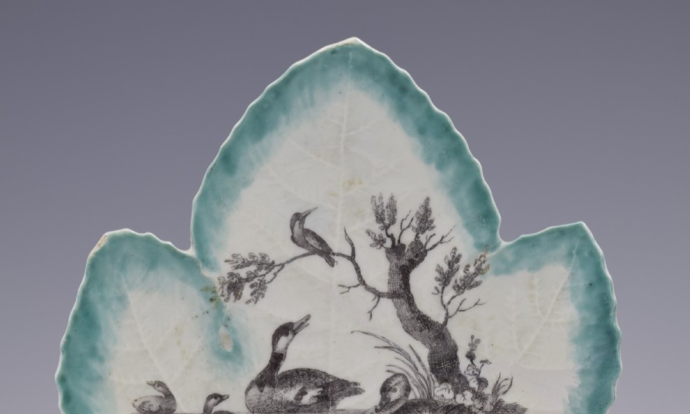 First Period Worcester Porcelain Leaf Dish Hancock Printed River Scene c.1758 View II
