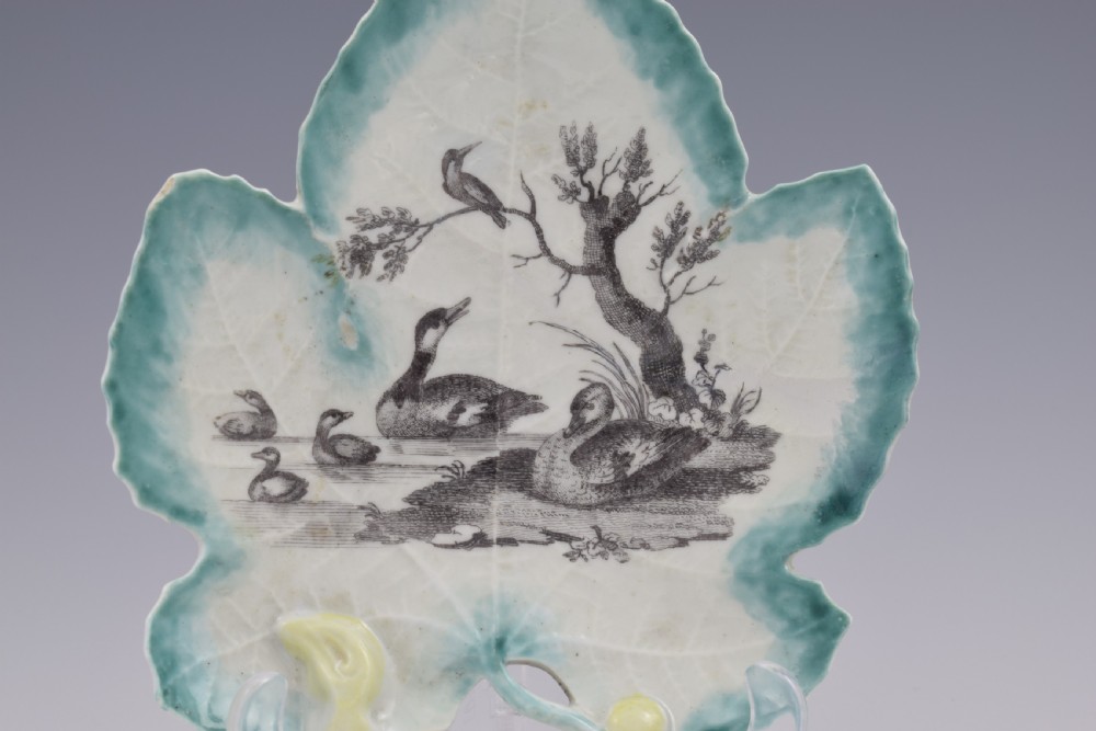 First Period Worcester Porcelain Leaf Dish Hancock Printed River Scene c.1758 View III