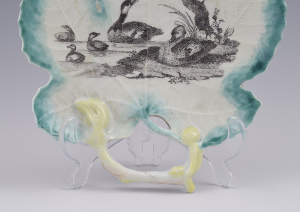First Period Worcester Porcelain Leaf Dish Hancock Printed River Scene c.1758 View IV