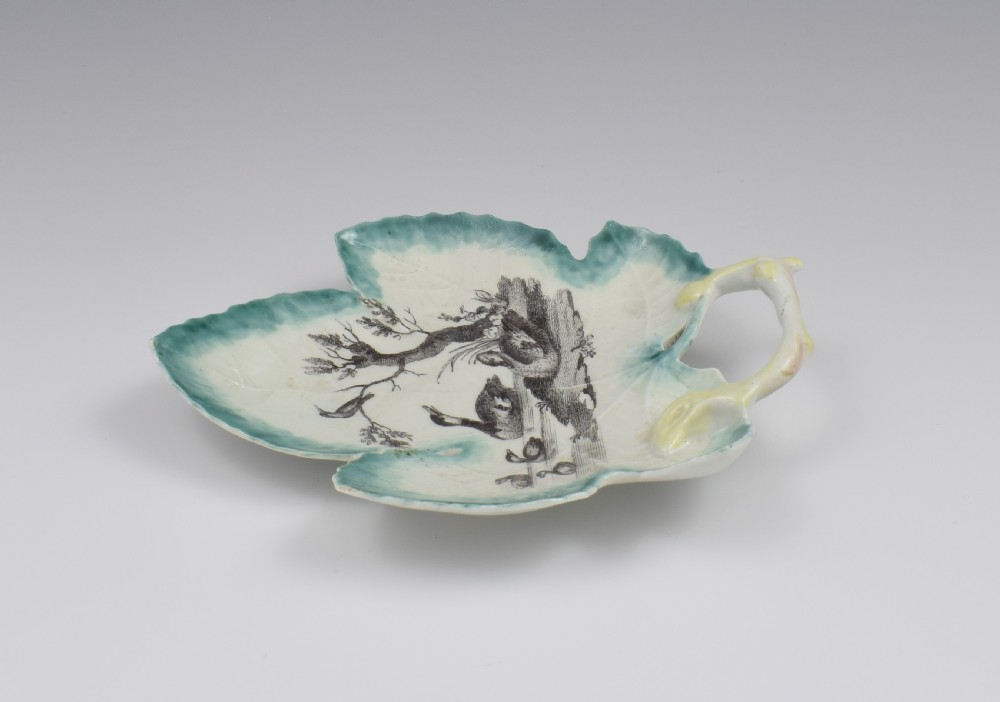 First Period Worcester Porcelain Leaf Dish Hancock Printed River Scene c.1758 View V