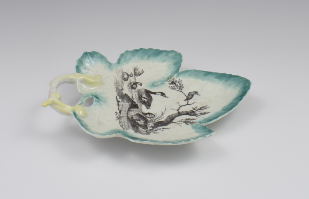 First Period Worcester Porcelain Leaf Dish Hancock Printed River Scene c.1758 View VI