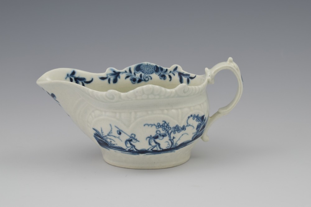 First Period Worcester Porcelain Sauceboat Two-Porter Landscape c.1770
