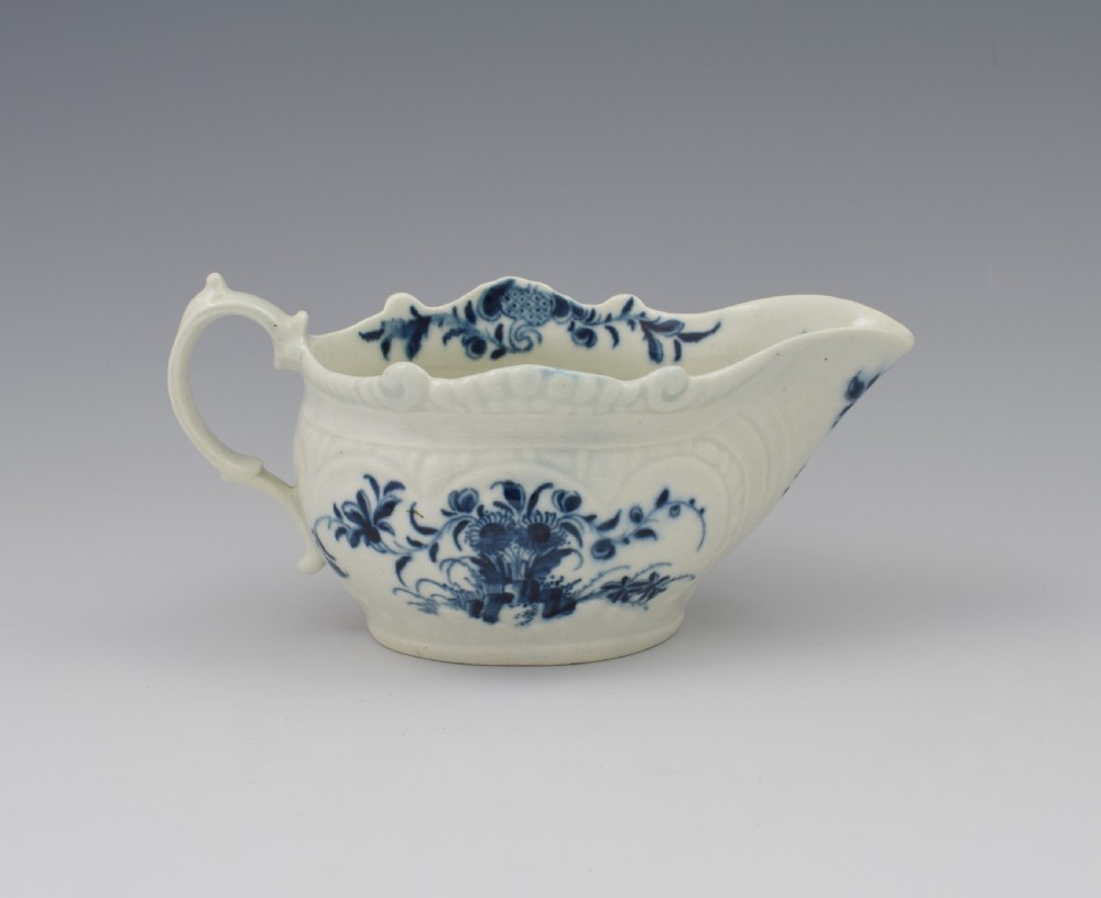 First Period Worcester Porcelain Sauceboat Two-Porter Landscape c.1770 View III