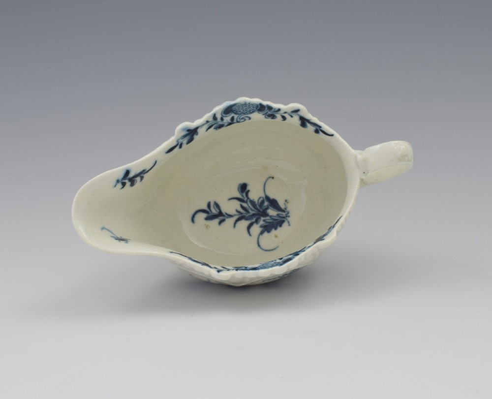 First Period Worcester Porcelain Sauceboat Two-Porter Landscape c.1770 View V