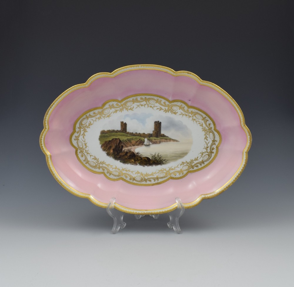 Pale Pink Barr, Flight & Barr Porcelain Landscape Dessert Dish Aberystwyth Castle
