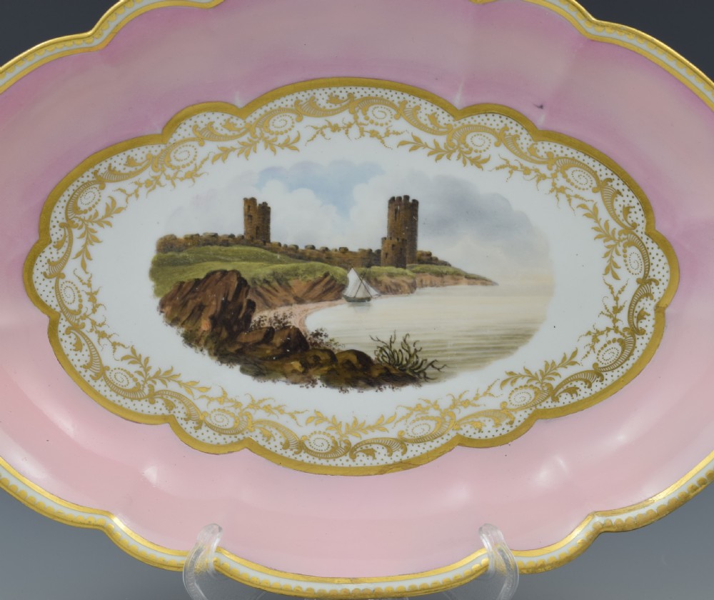 Pale Pink Barr, Flight & Barr Porcelain Landscape Dessert Dish Aberystwyth Castle View II