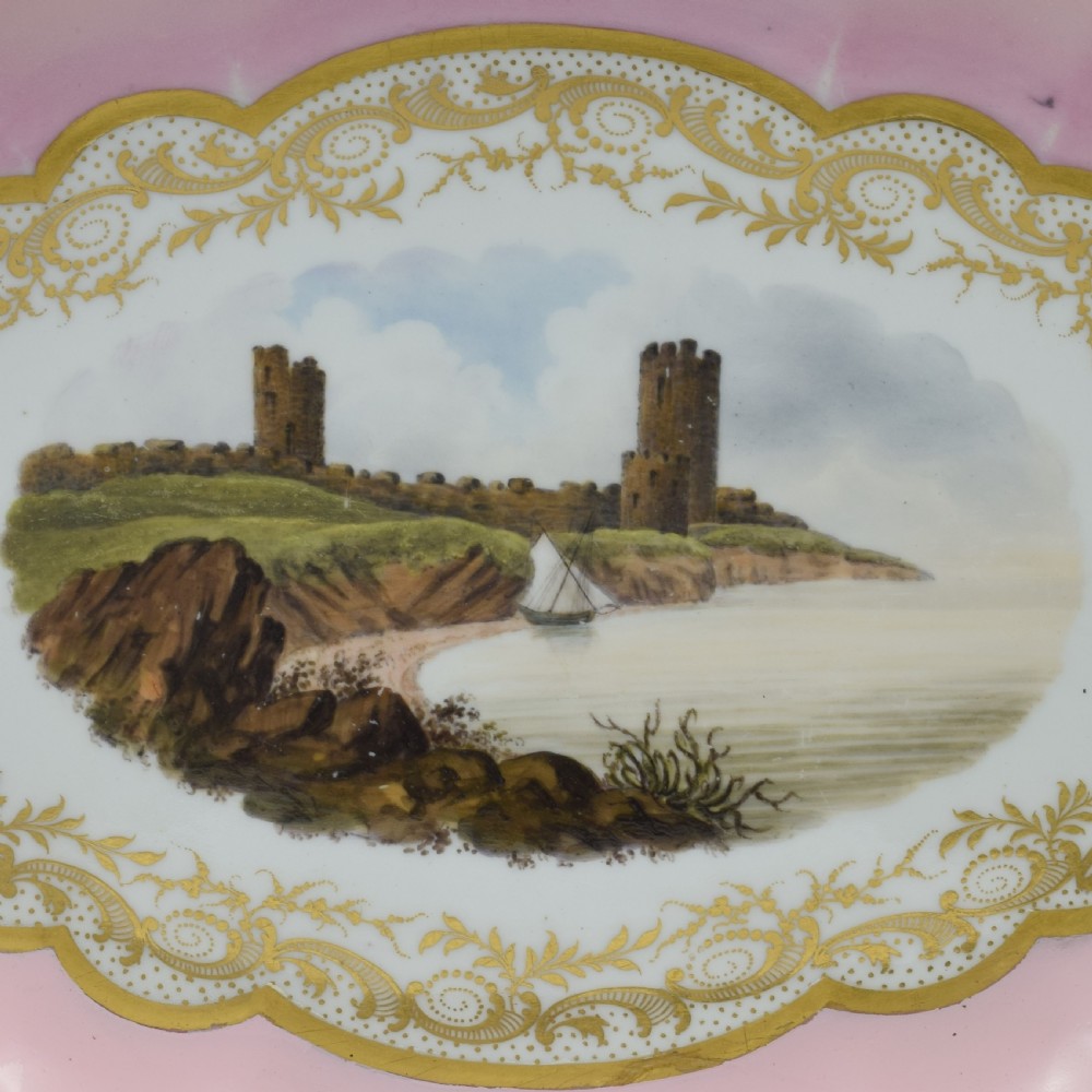 Pale Pink Barr, Flight & Barr Porcelain Landscape Dessert Dish Aberystwyth Castle View III