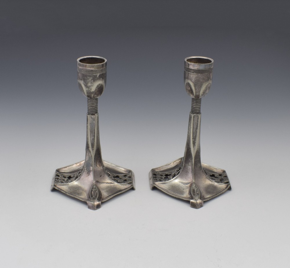 Pair Of WMF Art Nouveau Pewter Candlesticks c.1905 View IV
