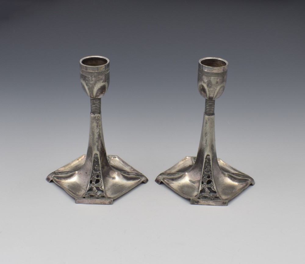 Pair Of WMF Art Nouveau Pewter Candlesticks c.1905 View V