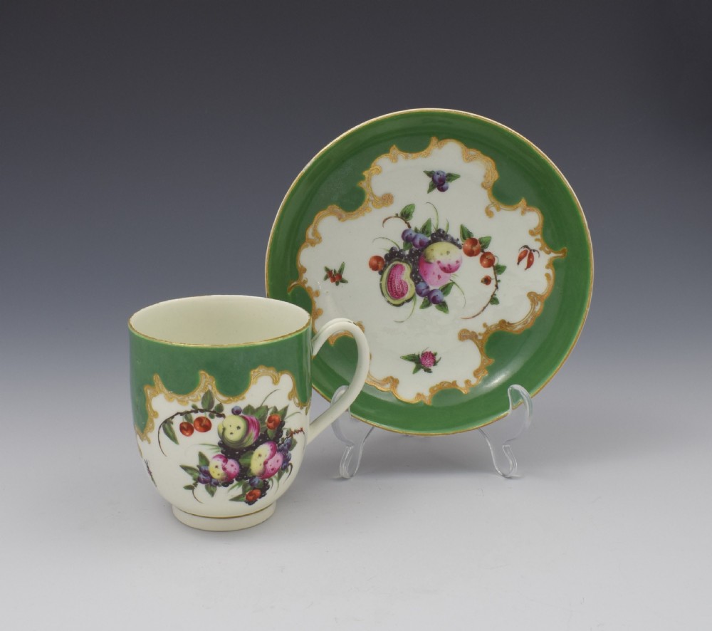 First Period Worcester Porcelain Spotted Fruit Pattern Coffee Cup & Saucer c.1770