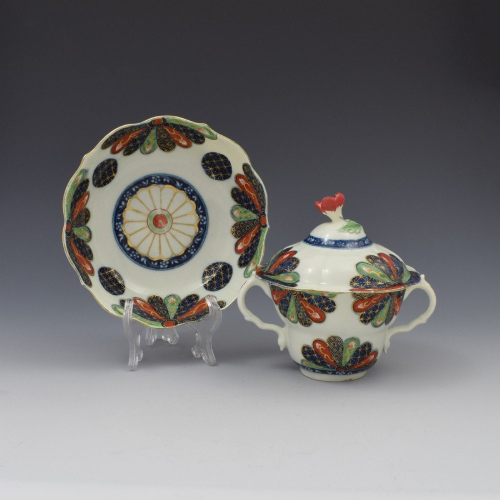 First Period Worcester Porcelain Old Japan Fan Chocolate Cup, Cover & Stand c.1770