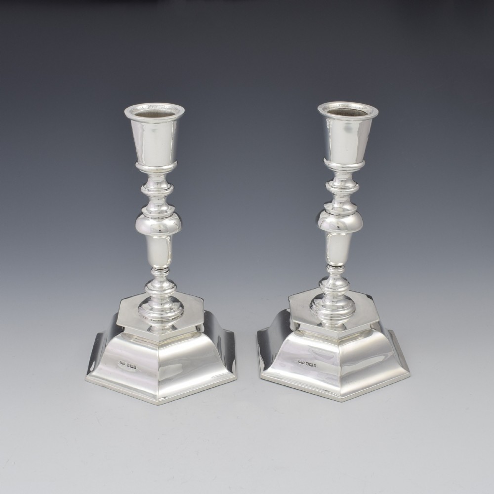 Pair Of Antique Edwardian Sterling Silver Hexagonal Candlesticks