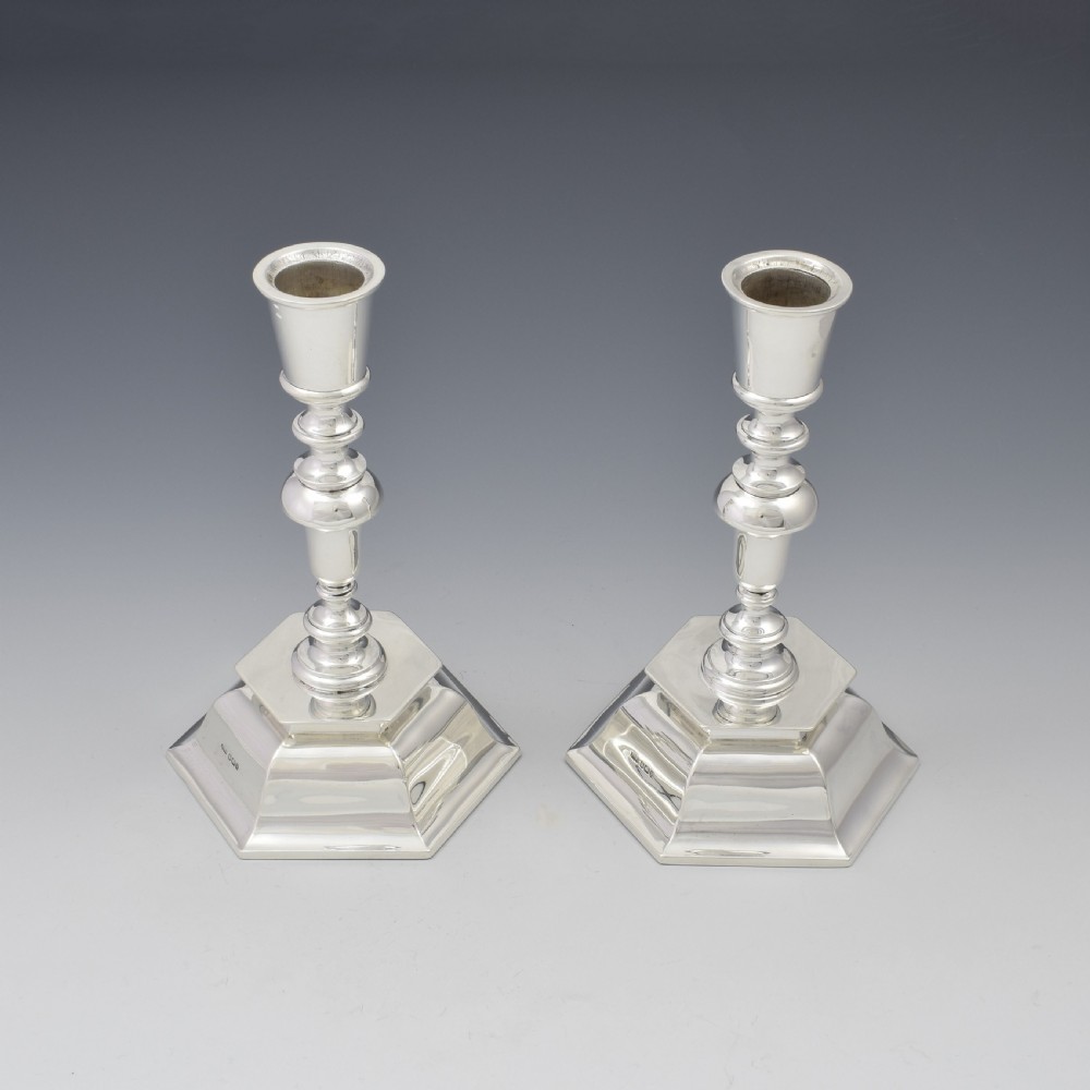 Pair Of Antique Edwardian Sterling Silver Hexagonal Candlesticks View II