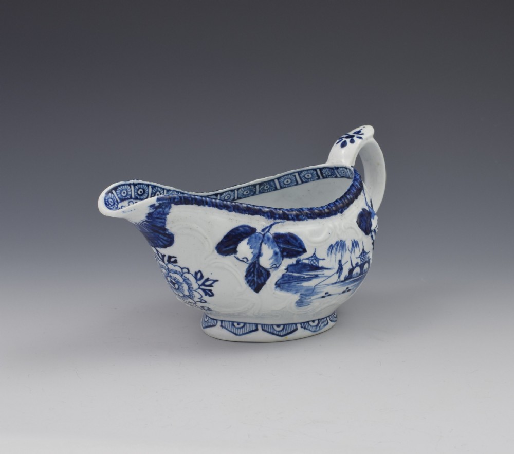 Early Derby Porcelain Blue & White Sauce Boat Chinese Scenes c.1760-65 View II