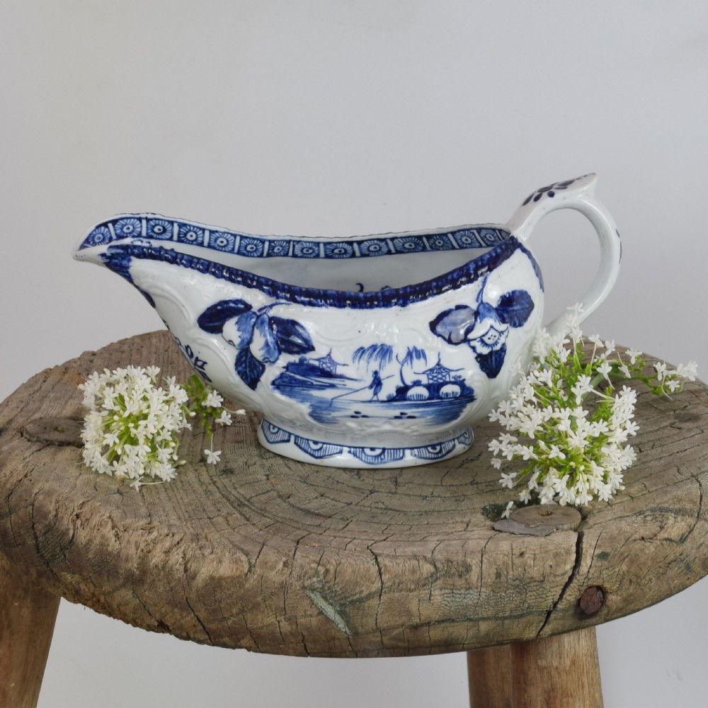Early Derby Porcelain Blue & White Sauce Boat Chinese Scenes c.1760-65 View XV