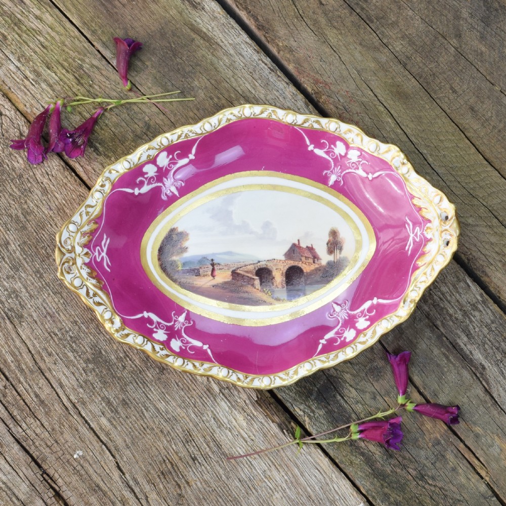 Spode Porcelain Dessert Dish Landscape View Chapelizod Bridge c.1825 View VIII