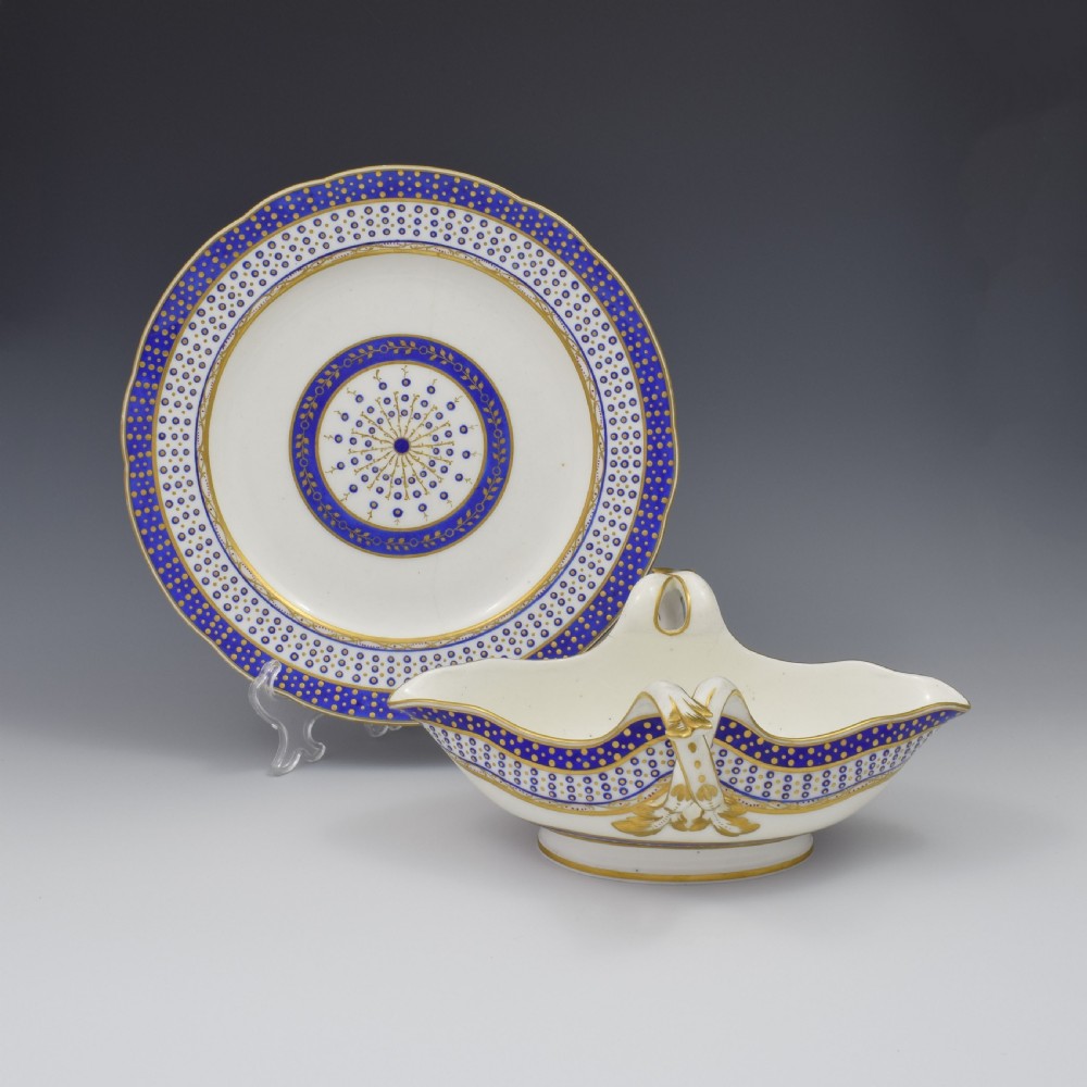 18th Century Sevres Porcelain Sauciere A Deux Sauceboat & Plate Pois Bleu 1788