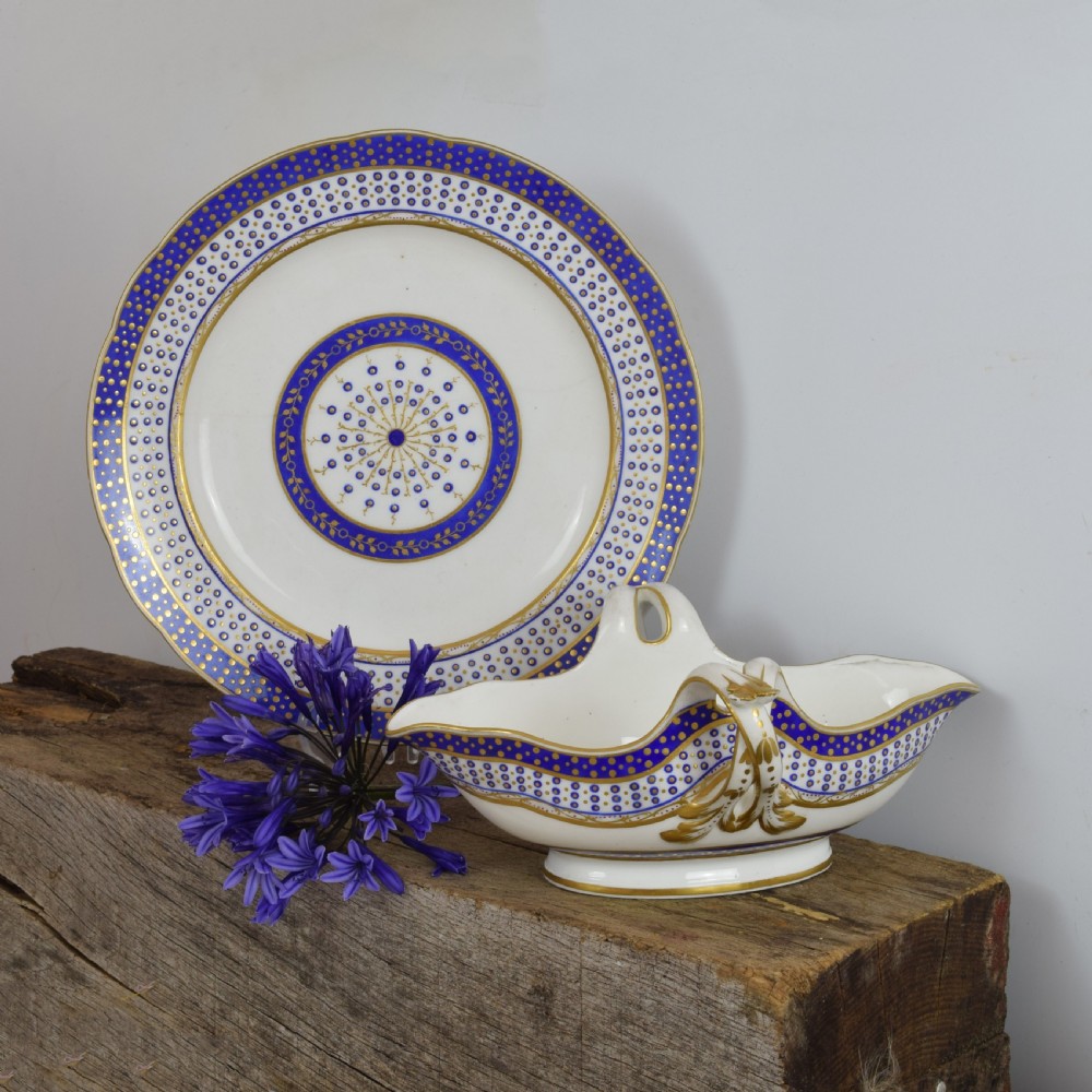 18th Century Sevres Porcelain Sauciere A Deux Sauceboat & Plate Pois Bleu 1788 View XXI