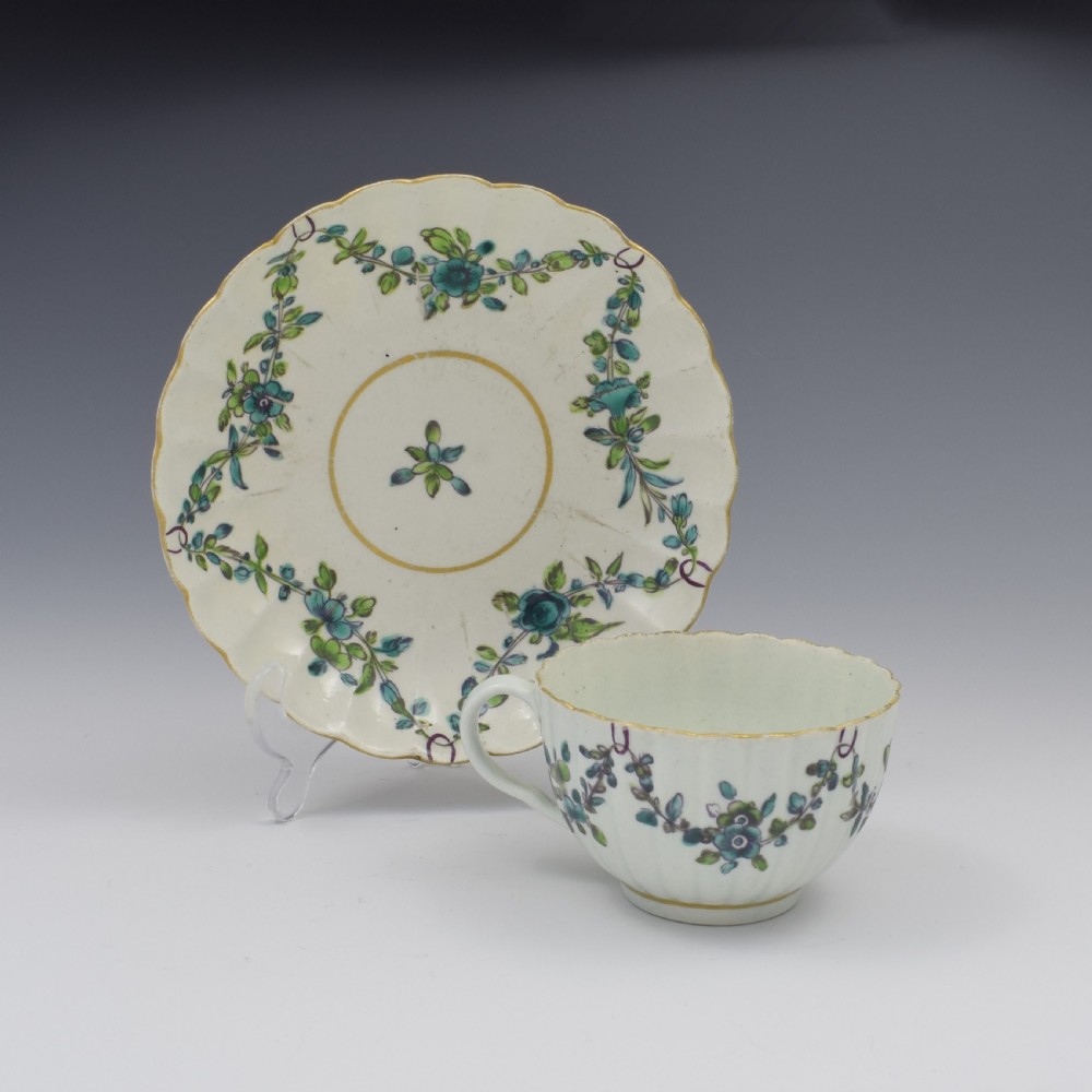 First Period Worcester Porcelain Fluted Cup & Saucer c.1770