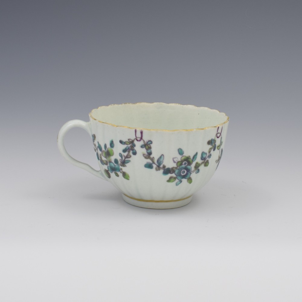 First Period Worcester Porcelain Fluted Cup & Saucer c.1770 View III