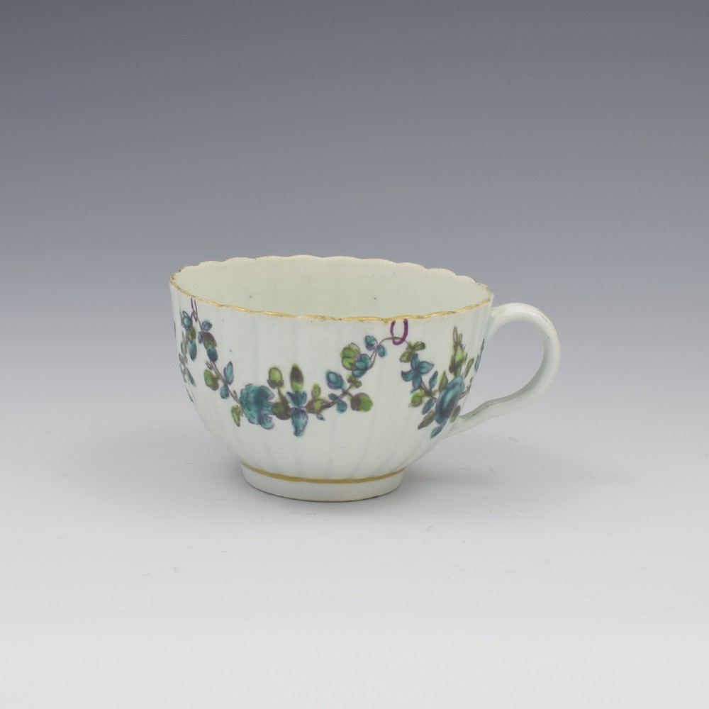First Period Worcester Porcelain Fluted Cup & Saucer c.1770 View V