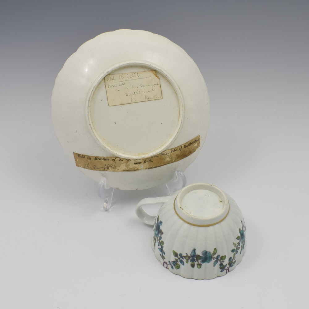 First Period Worcester Porcelain Fluted Cup & Saucer c.1770 View VIII
