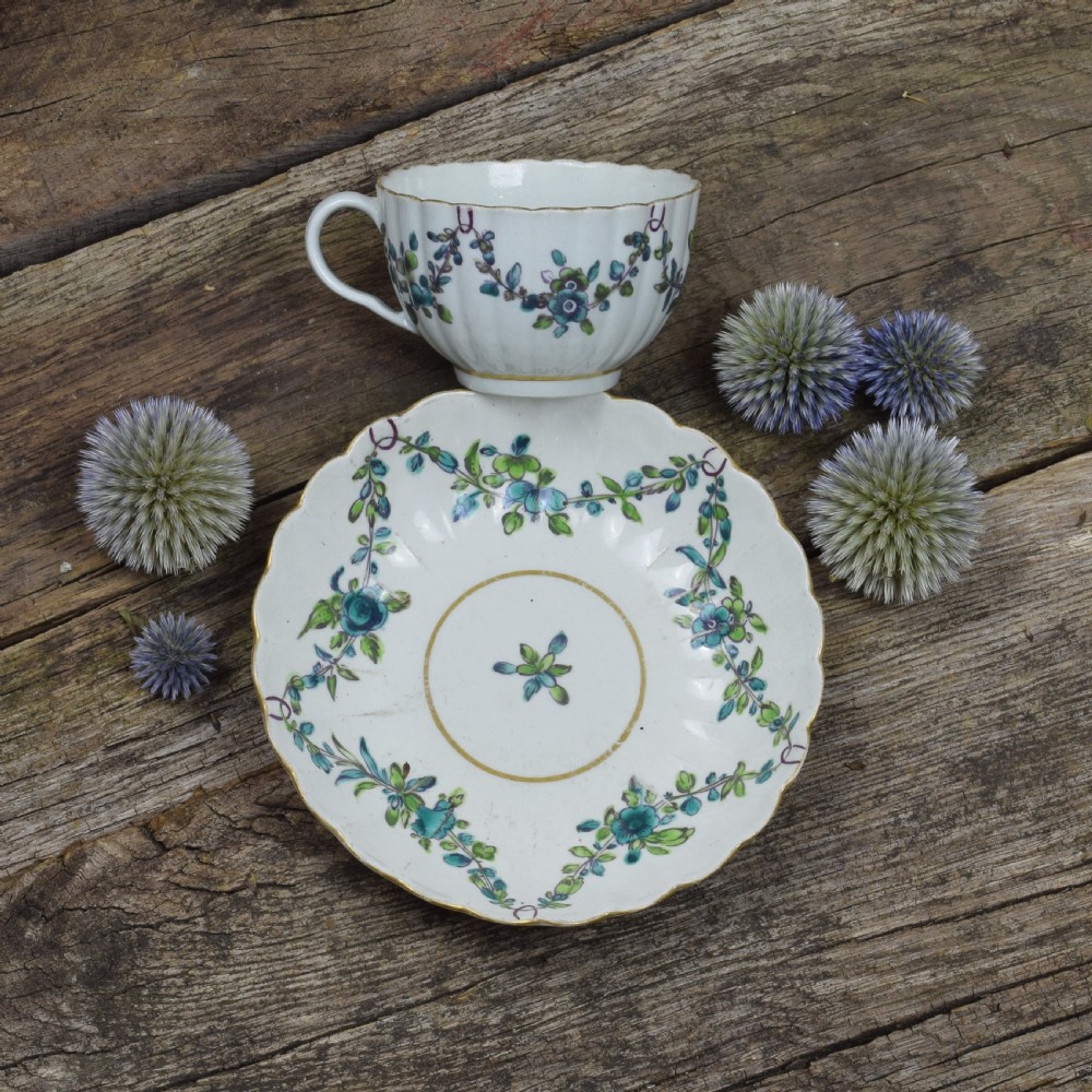 First Period Worcester Porcelain Fluted Cup & Saucer c.1770 View X