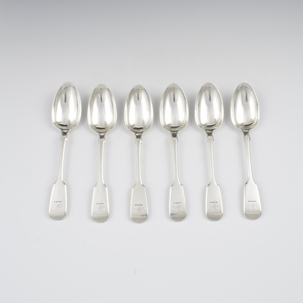 Set Of 6 Fiddle Pattern Provincial Exeter Silver Dessert Spoons  View III