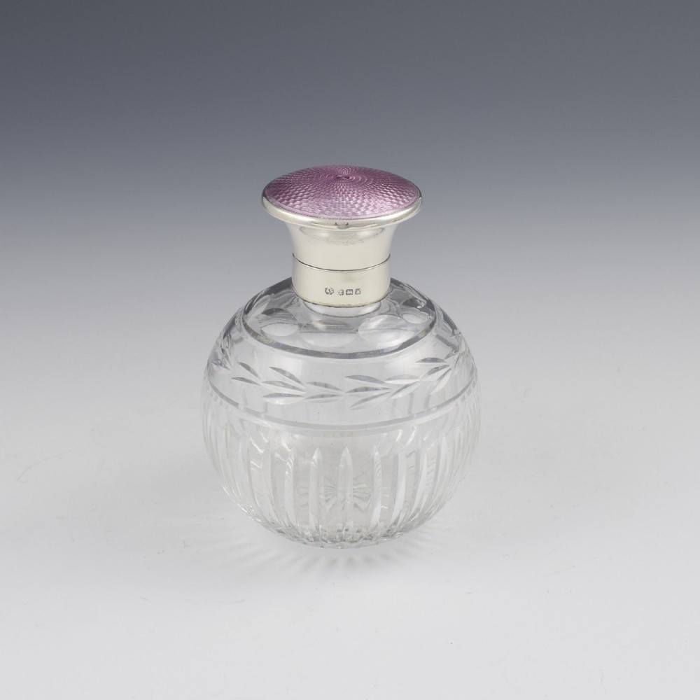 Silver, Lilac Guilloche Enamel & Cut Glass Scent Bottle