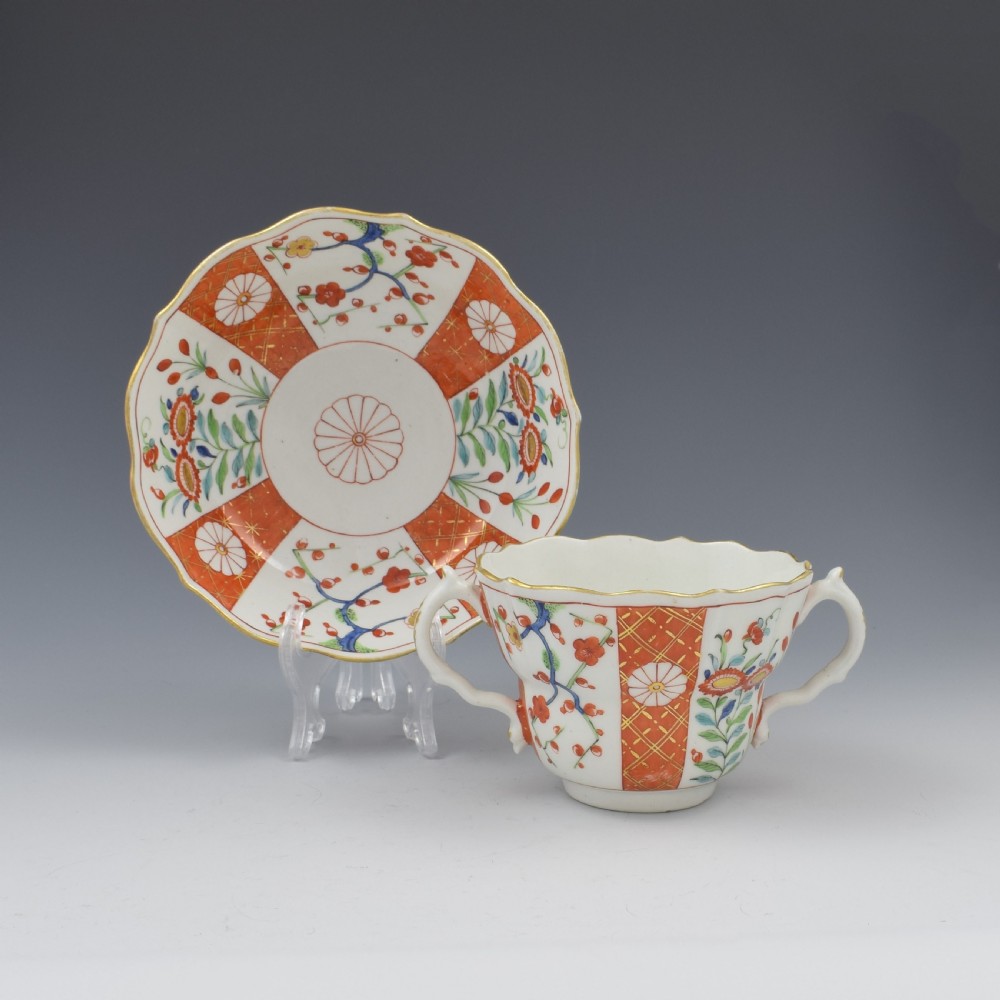 First Period Worcester Porcelain Scarlet Japan Chocolate Cup & Stand c.1775