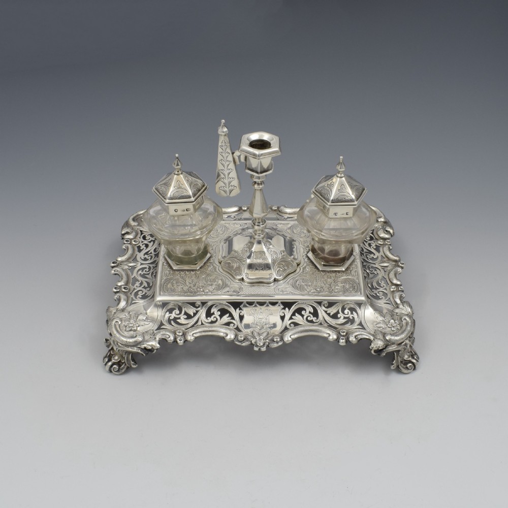 Antique Victorian Silver Double Inkstand With Taperstick & Stamp Box