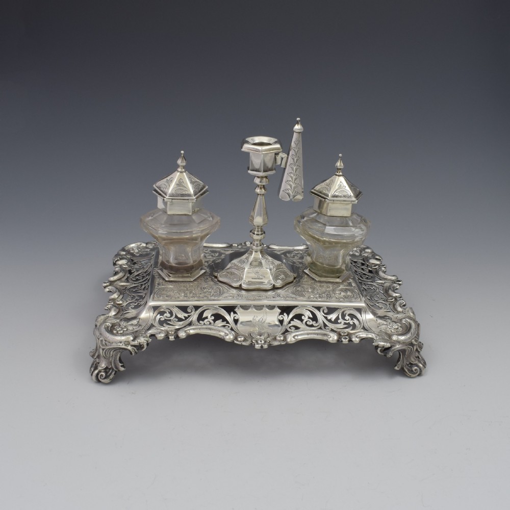Antique Victorian Silver Double Inkstand With Taperstick & Stamp Box View III