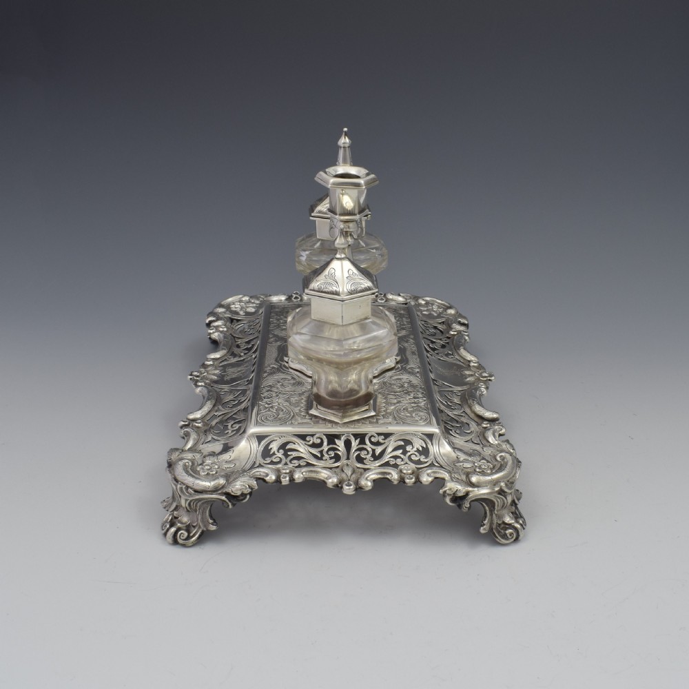 Antique Victorian Silver Double Inkstand With Taperstick & Stamp Box View IV