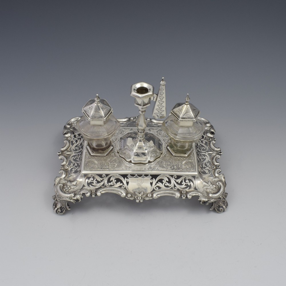 Antique Victorian Silver Double Inkstand With Taperstick & Stamp Box View VI