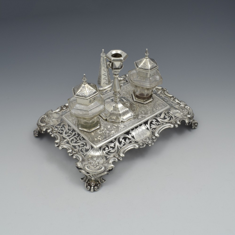Antique Victorian Silver Double Inkstand With Taperstick & Stamp Box View VII