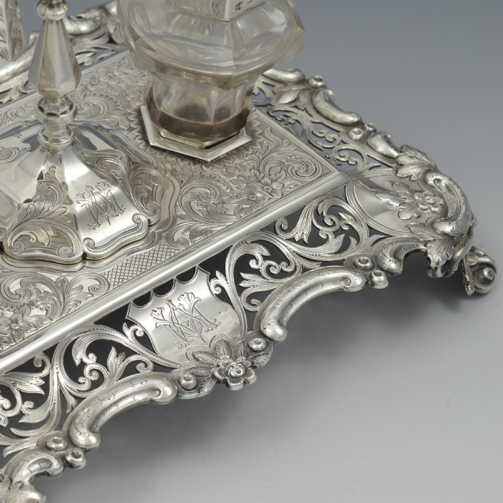 Antique Victorian Silver Double Inkstand With Taperstick & Stamp Box View VIII