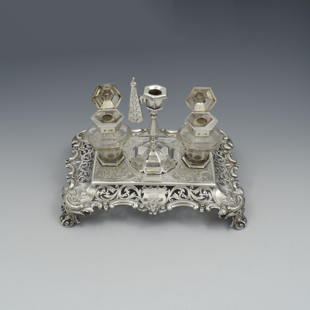 Antique Victorian Silver Double Inkstand With Taperstick & Stamp Box View IX