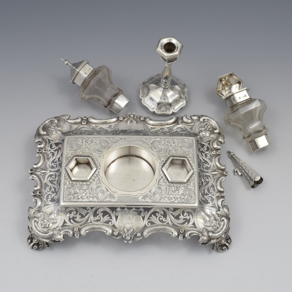 Antique Victorian Silver Double Inkstand With Taperstick & Stamp Box View XIII