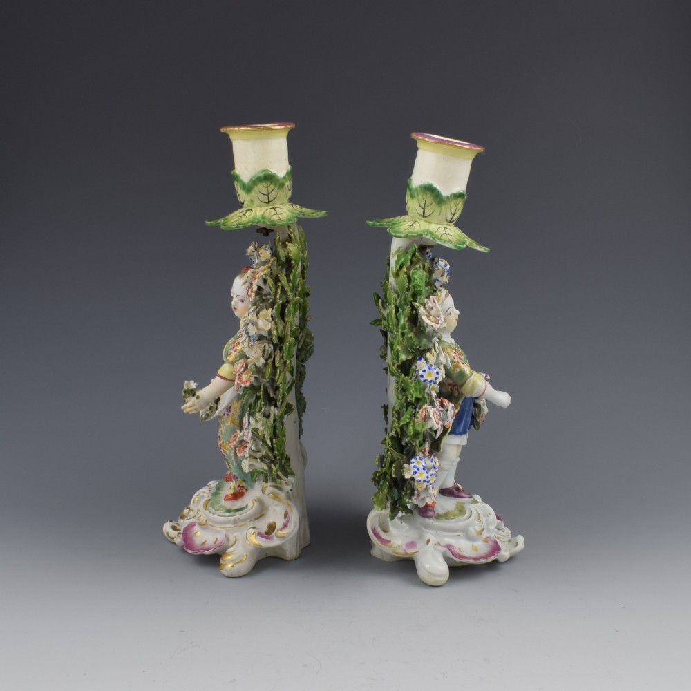 Derby Porcelain Pair Bocage Candlestick Figures Children Gardeners c.1770 View II
