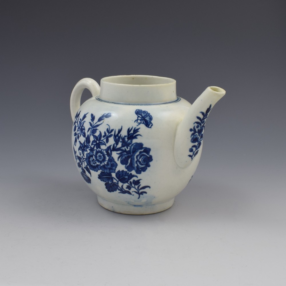 First Period Worcester Porcelain Three Flowers Teapot c.1770 View III