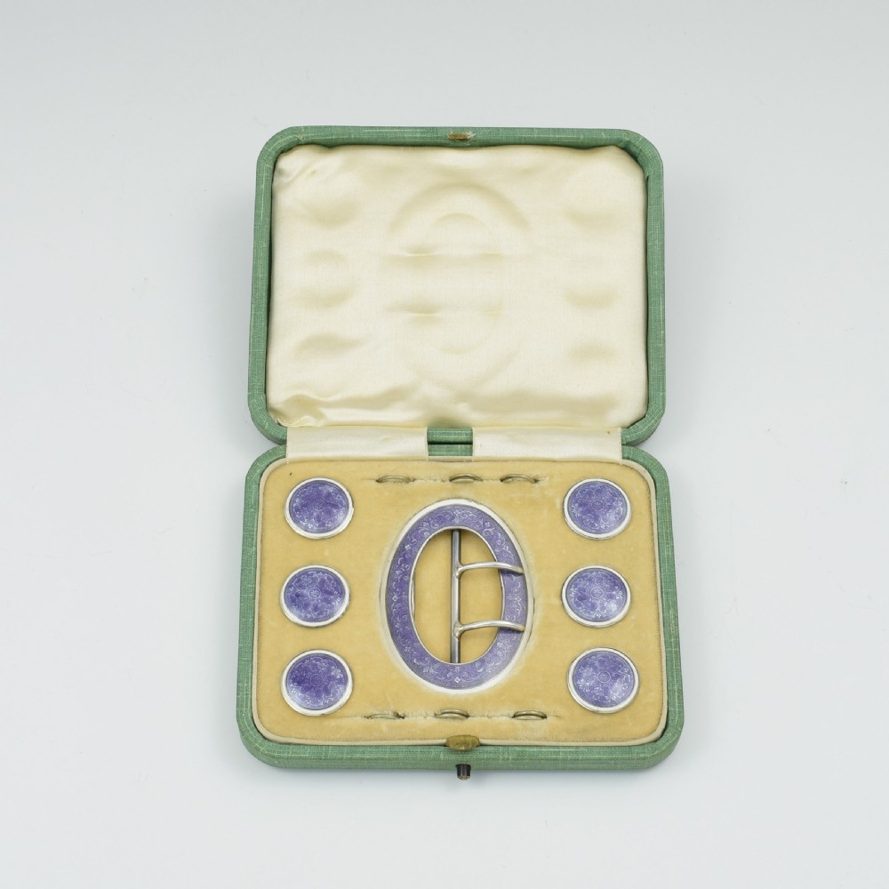 Fine Edwardian Silver & Lilac Guilloche Enamel Buckle & 6 Dress Studs