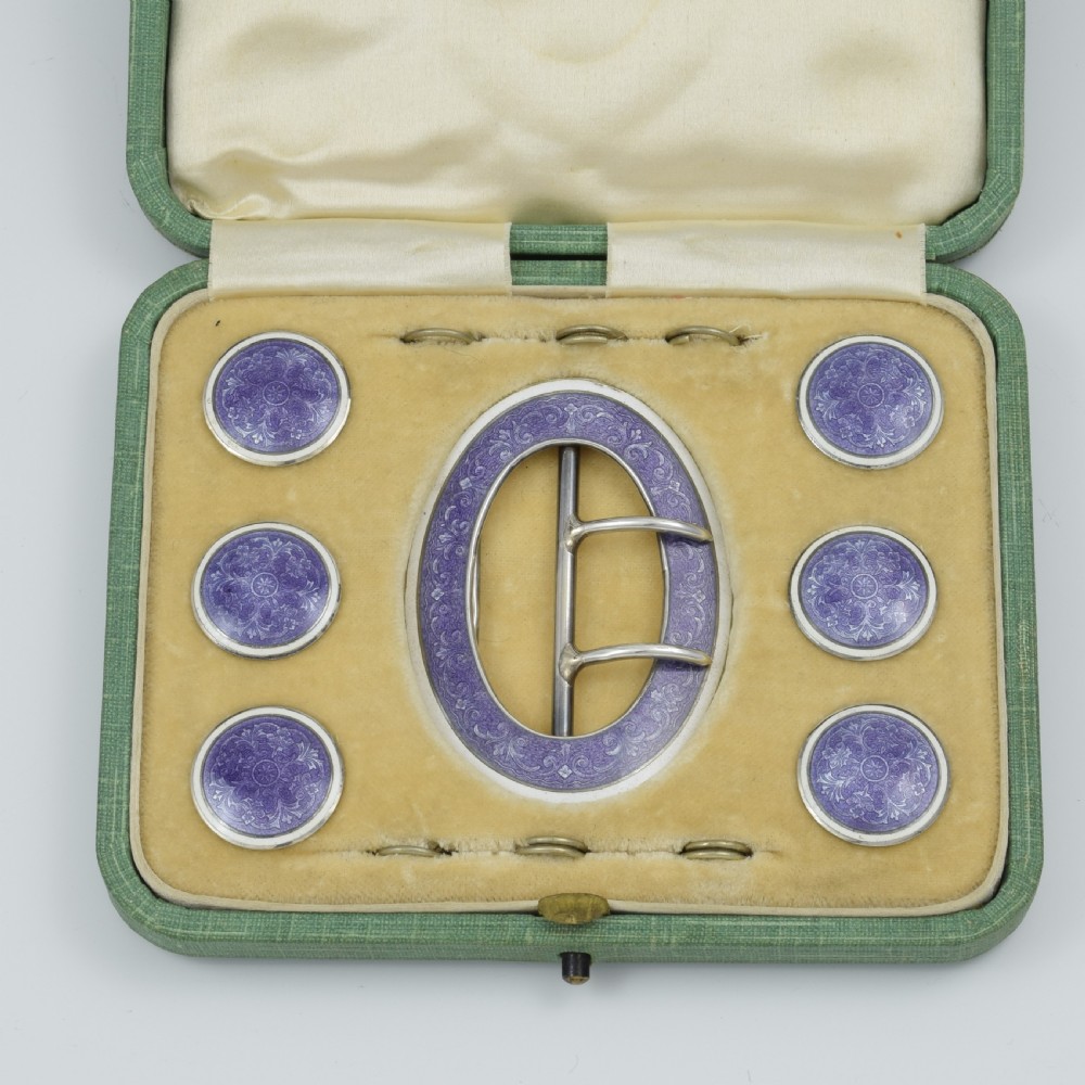 Fine Edwardian Silver & Lilac Guilloche Enamel Buckle & 6 Dress Studs View II